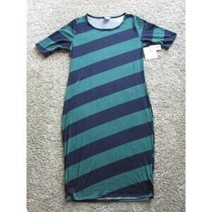 LuLaRoe Julia Knee length Dress womans XL Extra Large Navy Blue & Green Stripes!